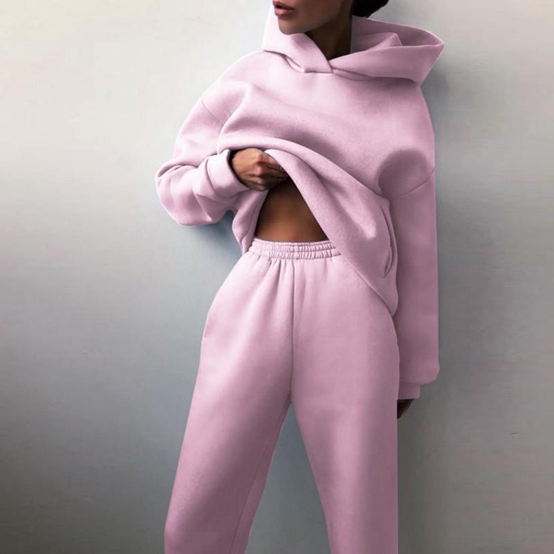 2026 Womens Solid Color Hooded Sweatshirt Jogger Pants Set Casual Two-Piece Outfit Collection
