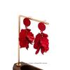 Exquisite Red Petal Tassel Ear Clips - Retro Hong Kong Bridal Earrings, Women's Fashion, No Piercing Needed.