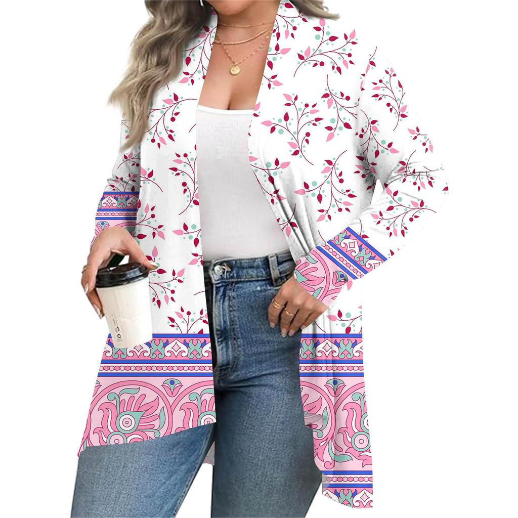 Women's Fall And Winter Fashion Casual Print Long Sleeve Mid-Length Cardigan Jacket