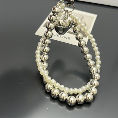 New Ins Cool Style Universal Phone Lanyard Simple Pearl Love Double Chain Wrist Phone Chain for Phone Cases Hanging Rope Chain