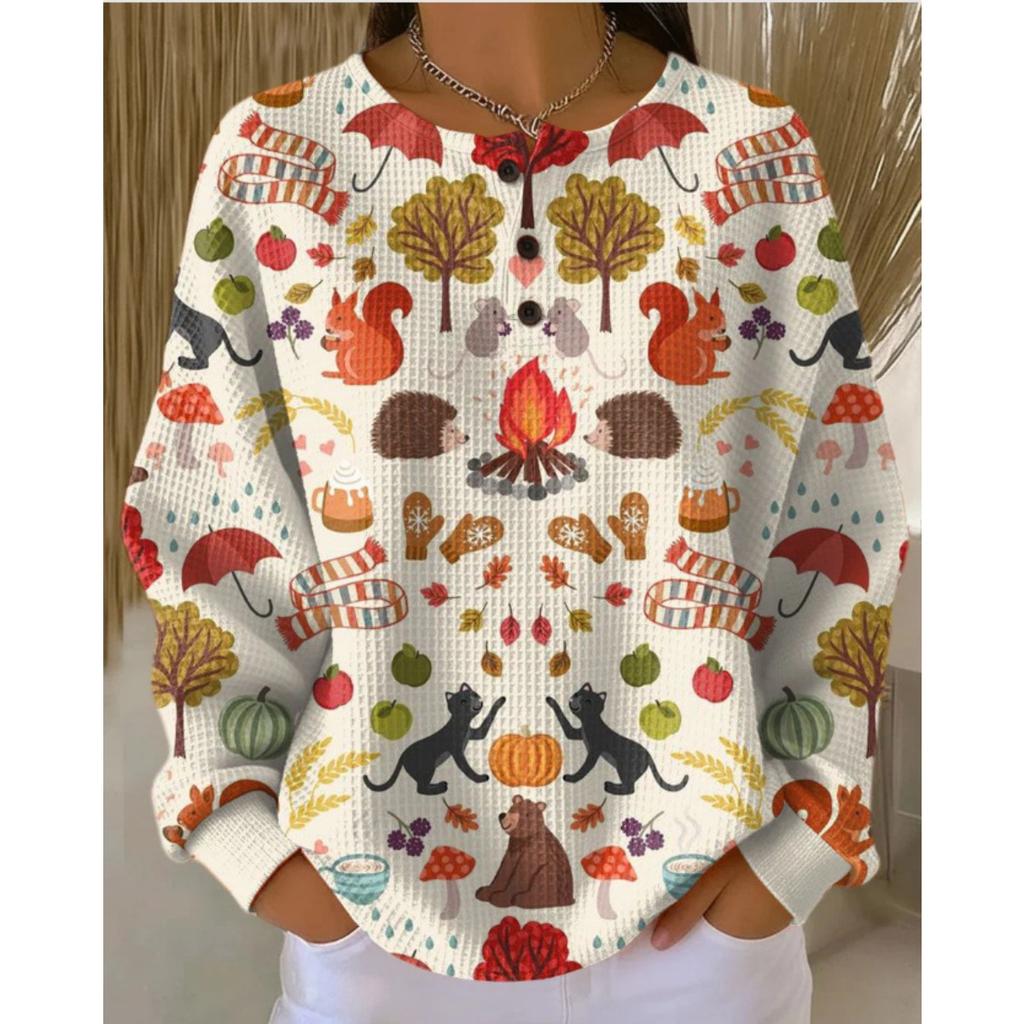 Women's Crew Neck Long Sleeve Waffle Knit Henley Top Loose Fit Casual Sweatshirt