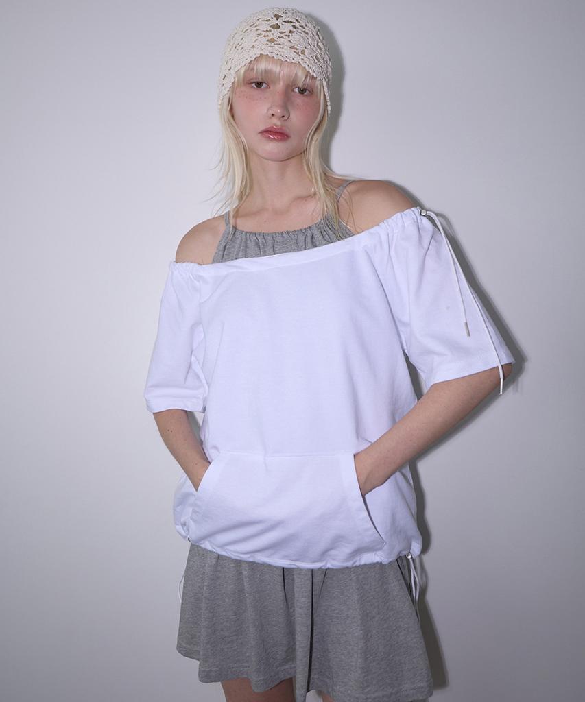 Lense Drawstring Off Shoulder Tee White