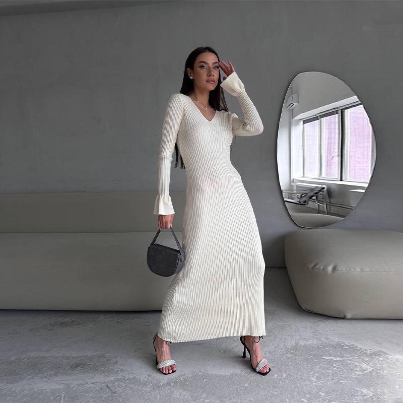 Women Elegant Solid Slim Long Sleeve Ribbed Knitted Dresses Autumn Winter Casual Basic V-neck Warm Sweater Dress