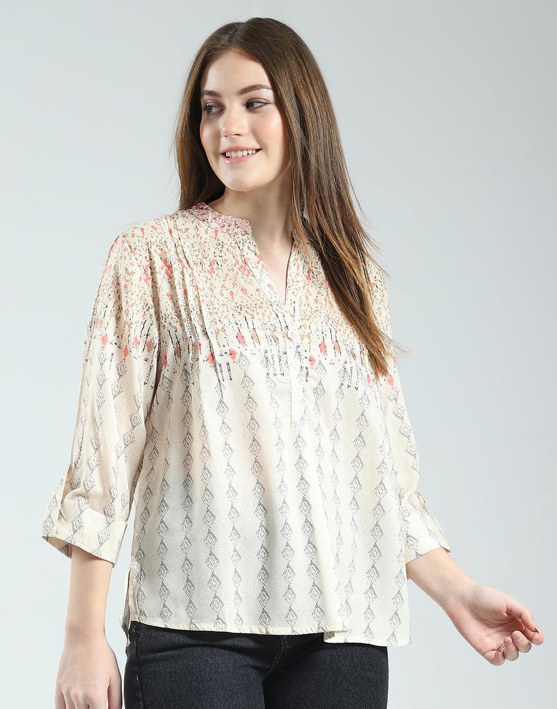 MONTE CARLO Womens Printed Band Neck 3/4 Sleeve Regular Fit Top