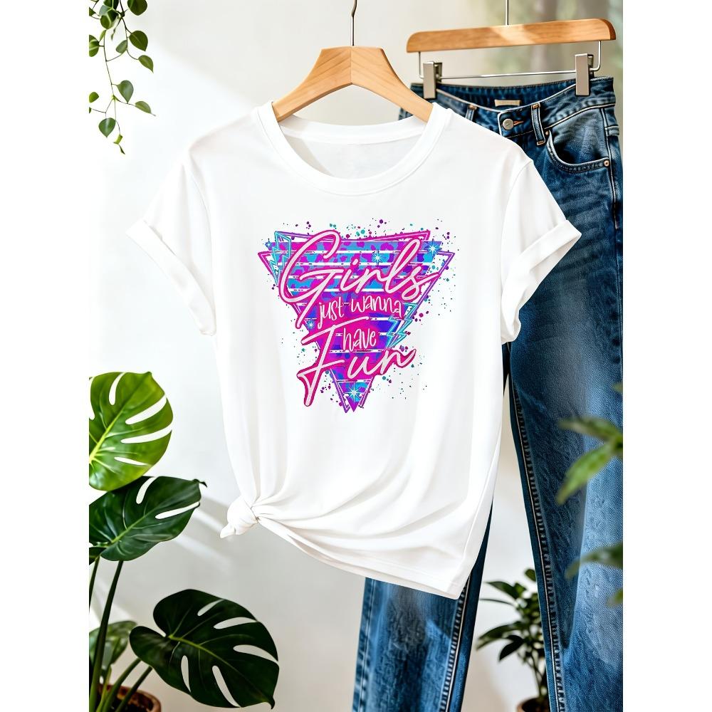 T-shirt da Donna in Cotone a Maniche Corte Ragazze Vogliono Solo Divertirsi Maglietta da Donna Retro Anni '80 Grafica Casual Top da Festa
