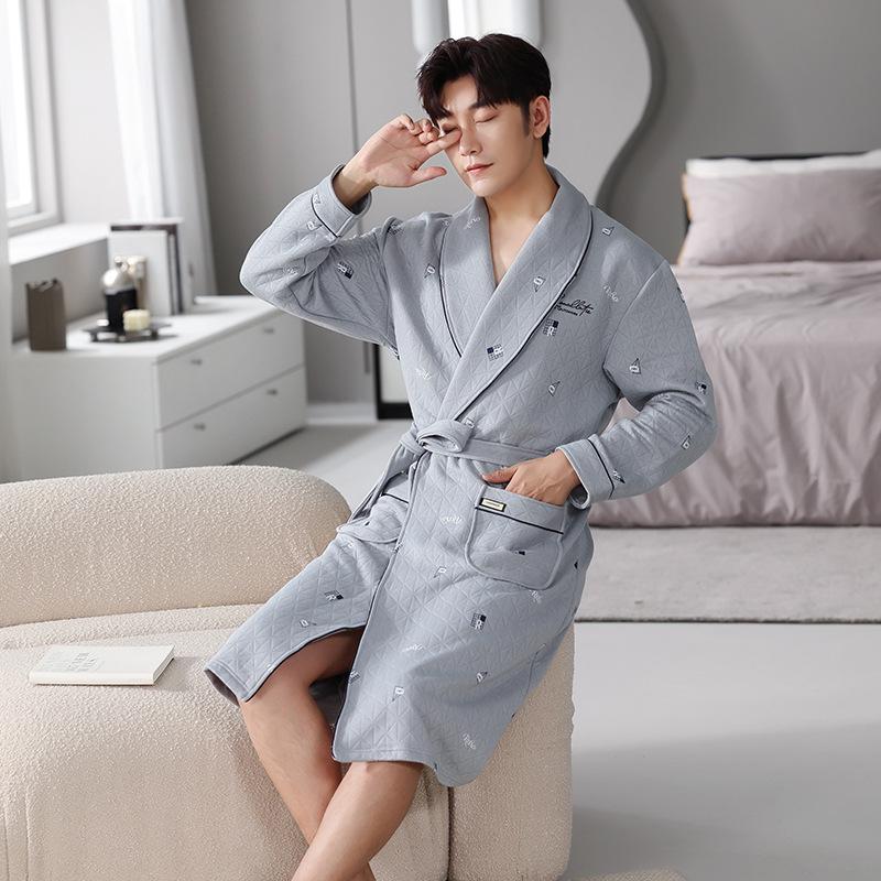 Men's Long Cotton Pajamas & Bathrobe - Thick, Three-Layer for Winter & Spring