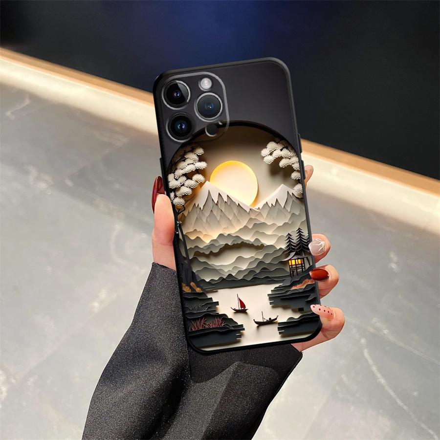 Black Soft Phone Cover Case for iPhone 13 12 11 17 Pro Max 17Air 7 8 XR 15 16 14 Plus XS Max Mountain View Pattern