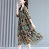 Women Midi Dress Pleated Printed Loose Hem Button Decor Patchwork Dress Up V Neck Vintage Lady Summer Dress Female Clothes