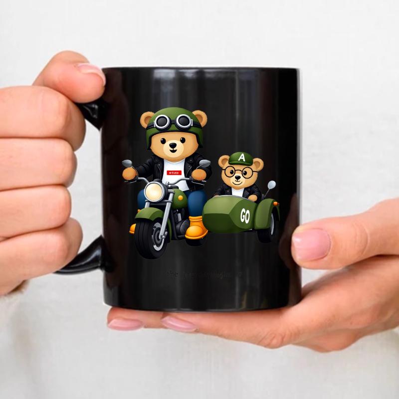 Black ceramic mug with design of a bear on a motorcycle with a sidecar, suitable for coffee, tea or hot drinks чёрный