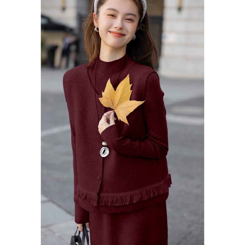 

Women s Long-Sleeve Top, Tassel Vest & Mid-Length Skirt Set M