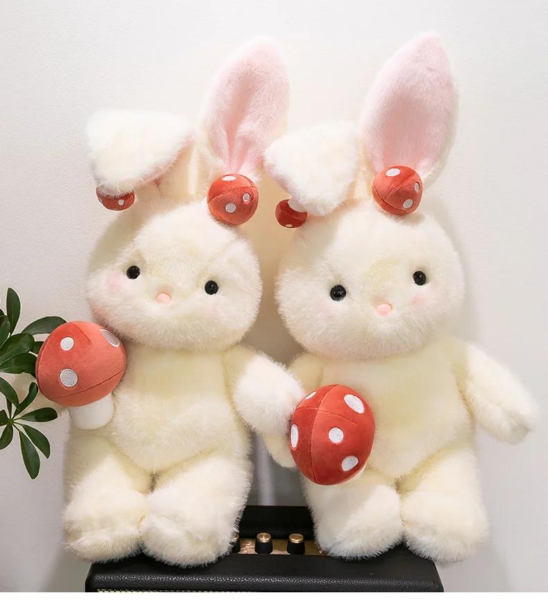Kawaii Bunny Plush Toy With Red Mushroom Ears And Hands Stuffed Sleeping Rabbit Doll For Kids Girls Birthday Present