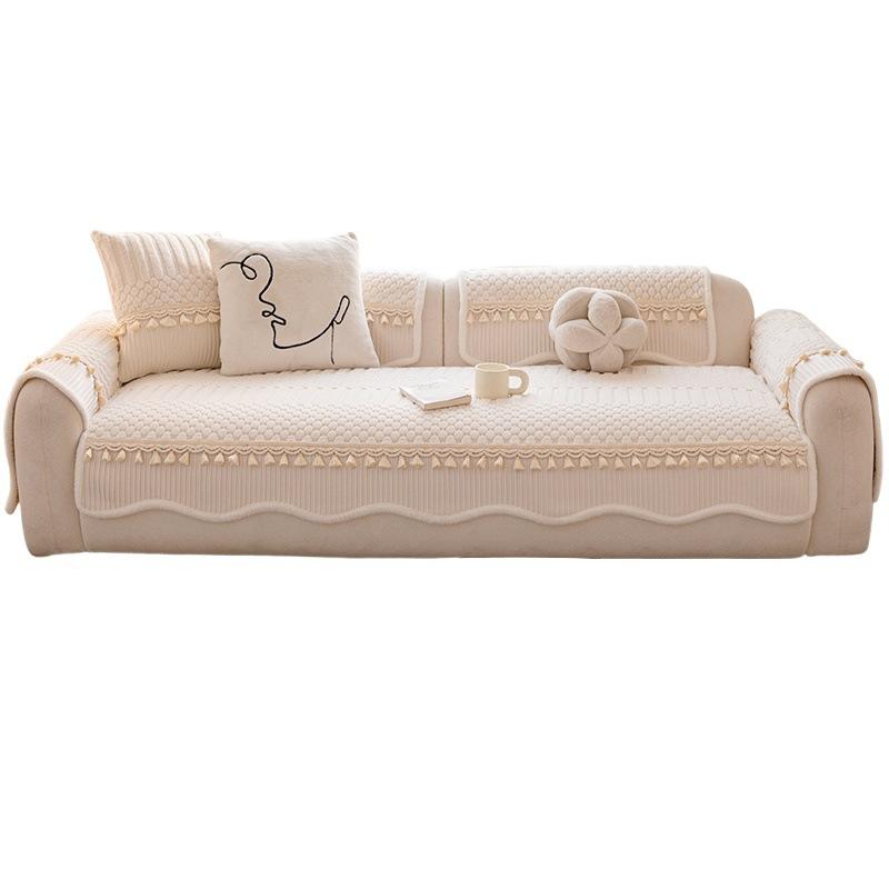 Winter Plush Sofa Cover Mats Thickened New Cream Style Straight Row Seat Cushion Fixed Non-Slip Sofa Cover Tassel Decoration