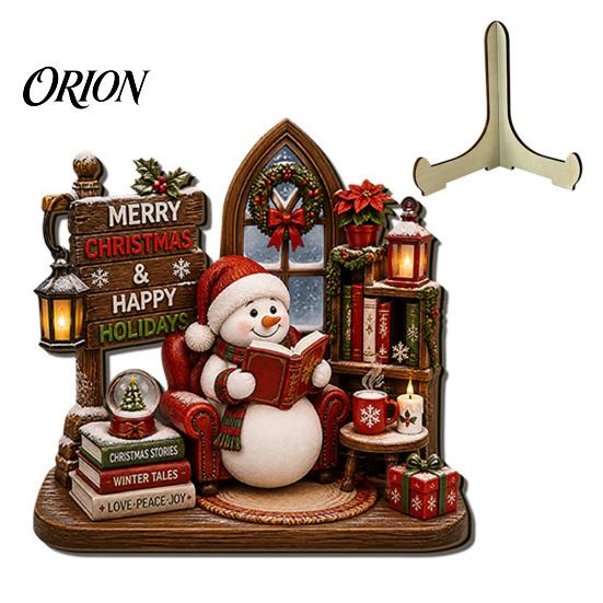 Wooden Holiday Wall Art Christmas Table Sign, 2D Flat Santa Claus/Snowman Reading Desktop Ornament Winter Party Decorations with Stand, Tabletop