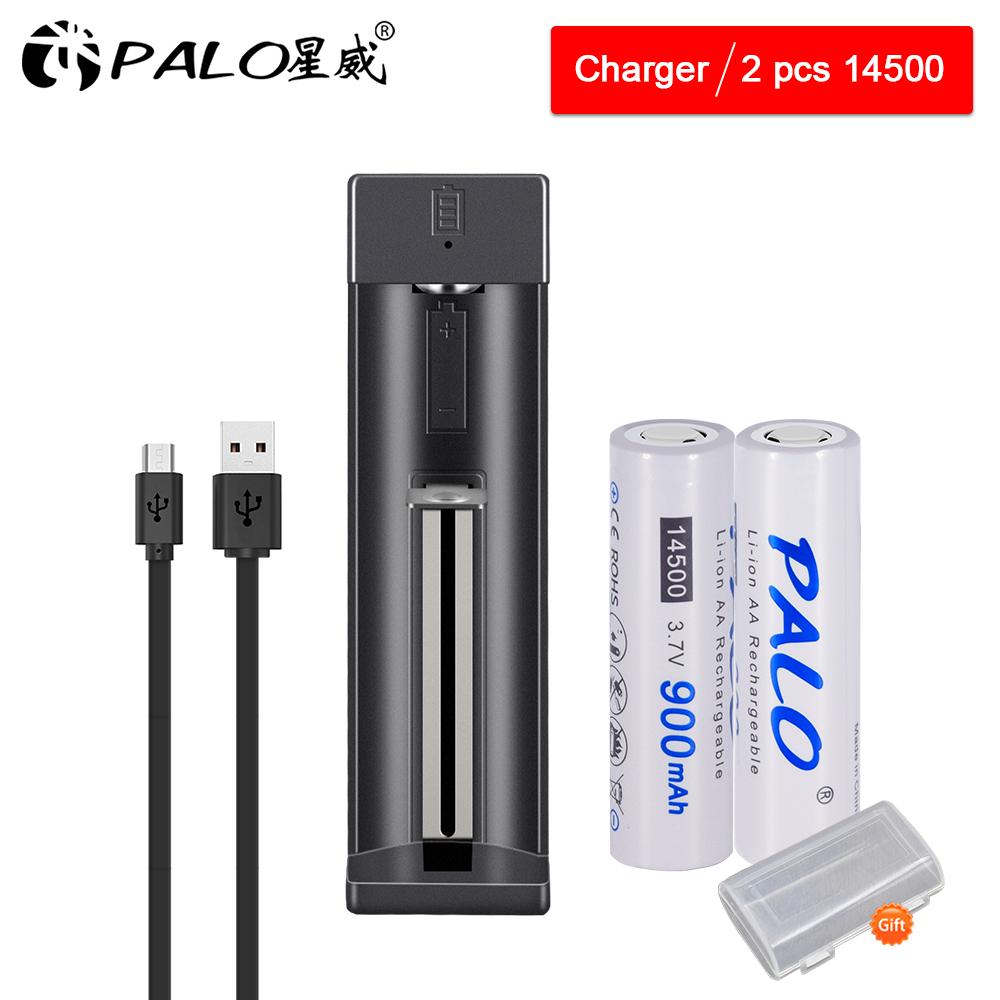 PALO 3.7V 14500 AA Li-ion Rechargeable Batteries 900mAh for LED Flashlight+charger for 14500 18650 16350 18500 Etc Battery