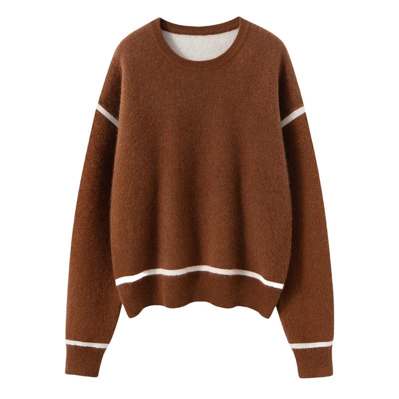 Lekasha 2026 Autumn Contrasting Color Cashmere Pullover - Thickened, Loose Fit, Round Neck, Short Style Sweater