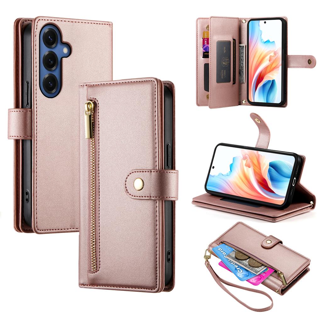 For Samsung Galaxy S26+ Case Zipper Pocket Wallet Leather Phone Cover with Straps
