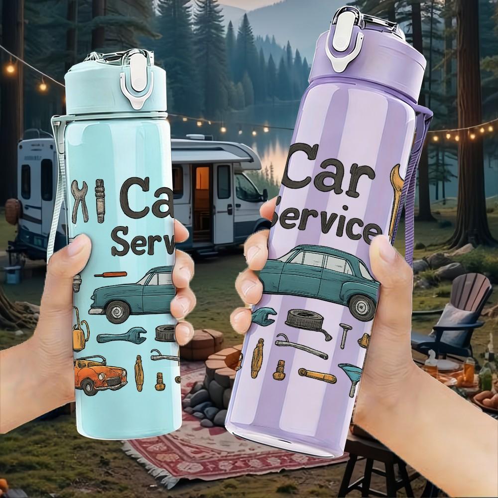 1PC Car Service Mechanic Tool Print 750ml Color Plastic Sports Water Bottle Leakproof Flip Straw Lid Suitable for Sports Office Home Use