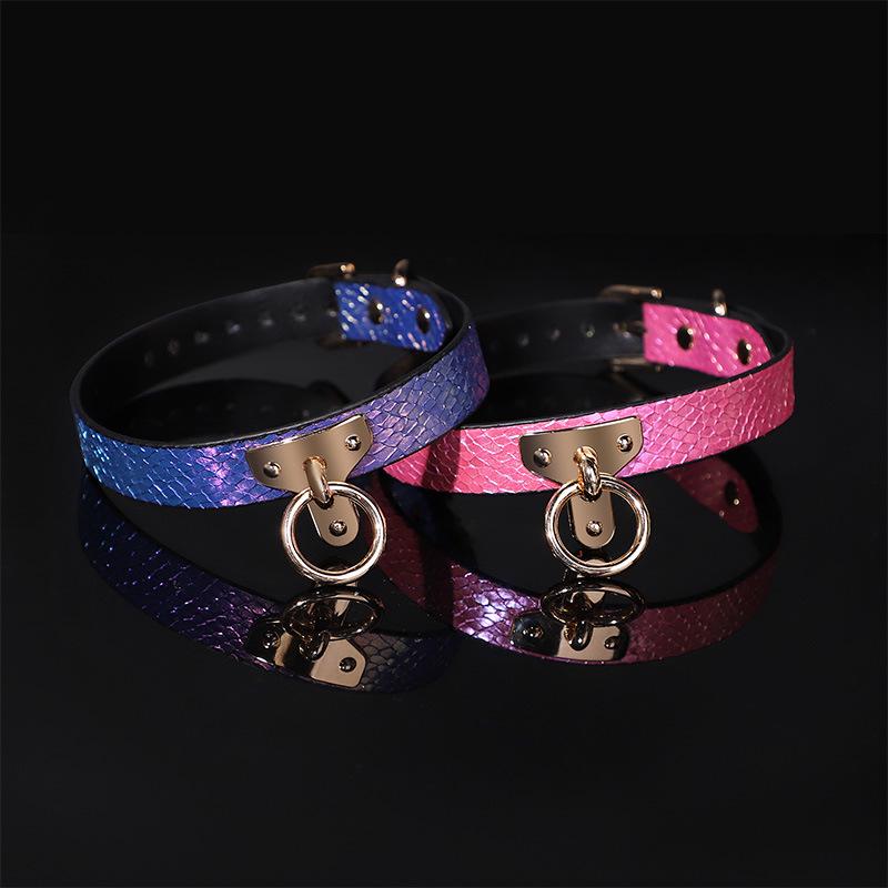 Gradient Snake Skin Leather Collar & Chain Leash - Unisex SM Erotic Toy for Training & Punishment