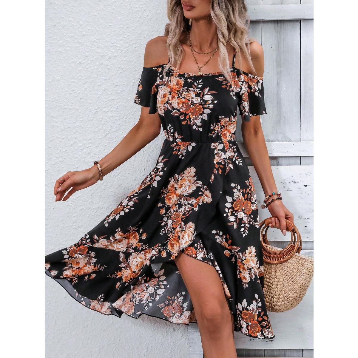 Summer Printed Split Strap Sundress Women s Casual Dress European & American Style Women s Clothing for Cross-border S