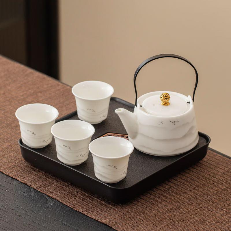 Mutton Fat Jade Ink Landscape Ceramic Tea Set