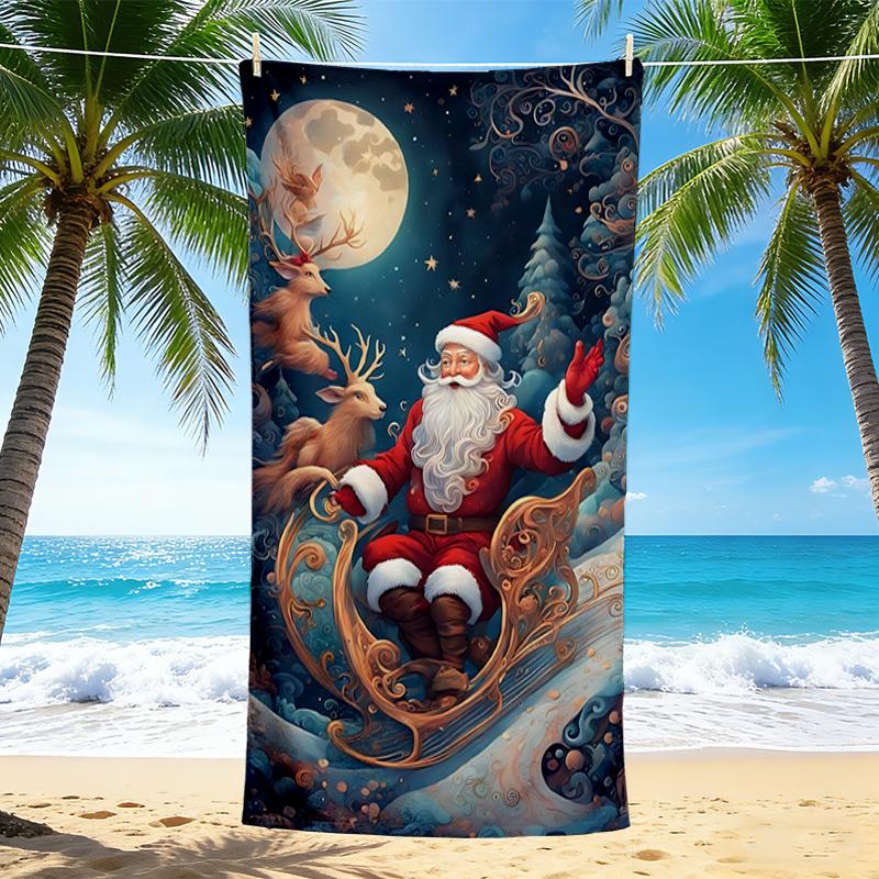 1Pc Santa Claus Moonlight Beach Towel, Quick Dry, Multi-Use for Beach Pool Gym Yoga Home Travel, Christmas, Halloween, Xmas Gift S245