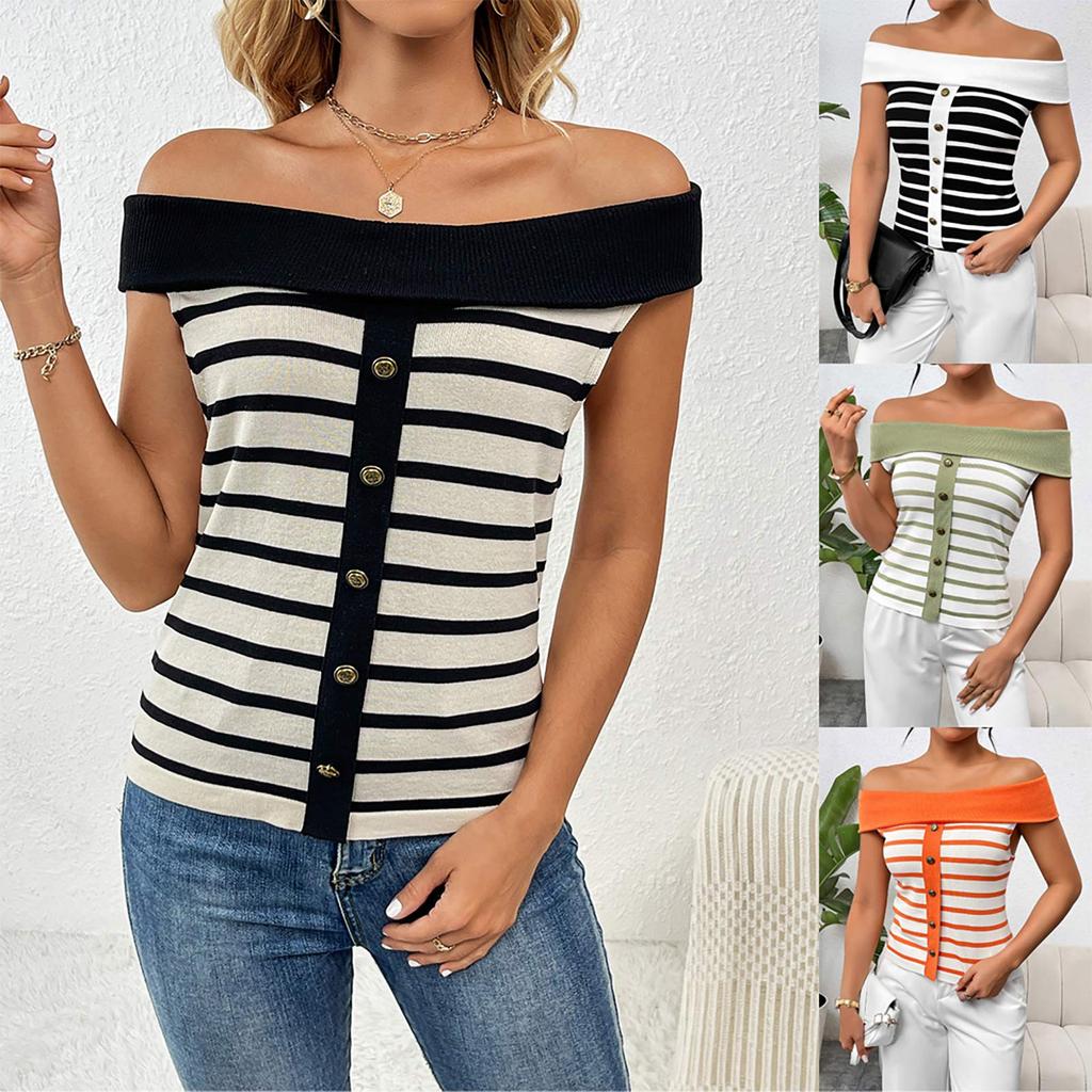 Women's Fashion Spliced Pullover Striped Off Shoulder Short Sleeve Sweater Top