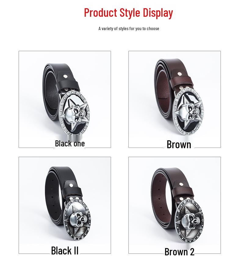 Lotte Jinsen Retro Leather Skull & Star Youth Belt, Trendy Fashion Cowhide Waistband