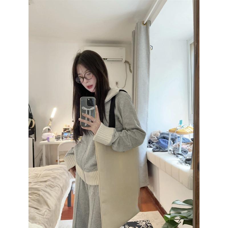 Korean Casual Lazy Sweet Spicy Pure Color Knitted Coat Autumn New Niche Design Sense of High-waisted Long Pants Two-piece Female Tide