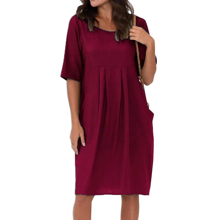 Summer Women's Long Round Neck T-shirt Versatile Casual Women's Solid Color Simple Women's Dress