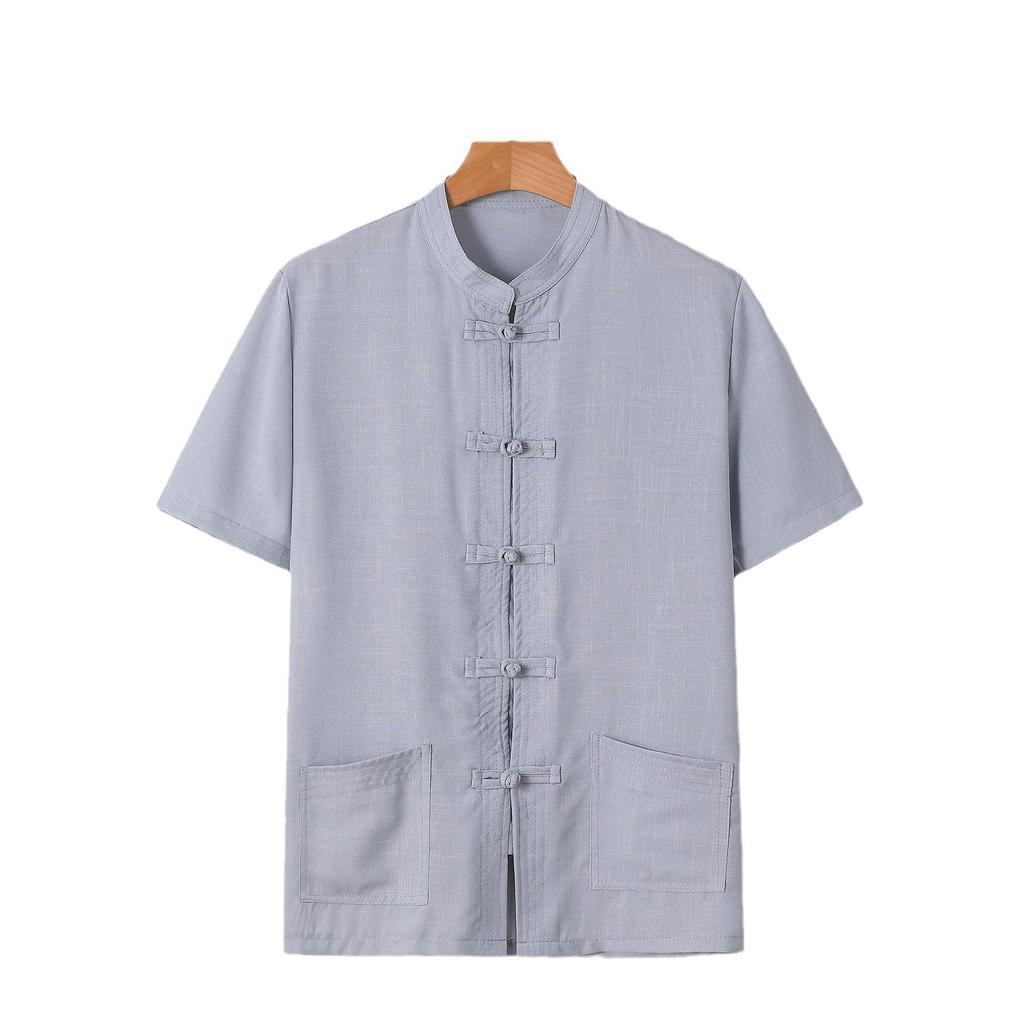 Herrskjorta i kinesisk stil, linne, uppstående krage, kortärmad, retro
