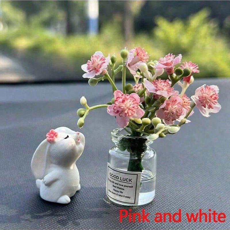 Cute Rabbit Ornament Flower Vase Decor For Car Interior