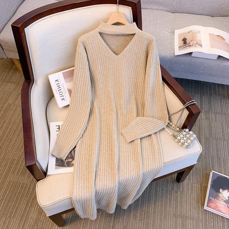 Übergröße Gestricktes V-Ausschnitt Langkleid - Koreanische Mode, Herbst/Winter, Lockere Passform, 3XL