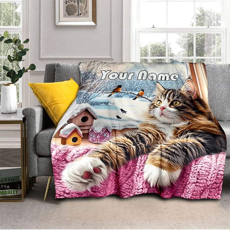 1PC Custom Name Winter Cat Window Scene flannel blanket versatile, all-season throw suitable for the living room, bedroom, camping, travel, and gift