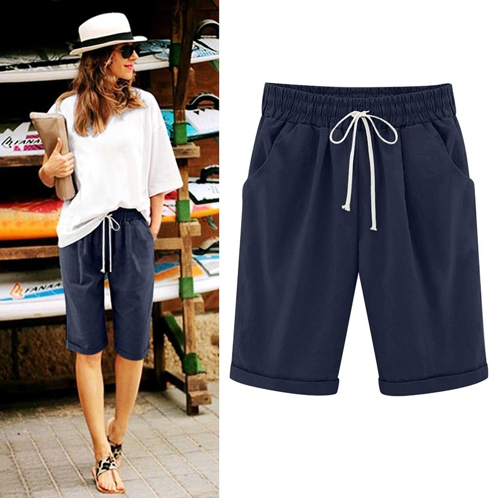 Women's Casual Loose Beach Pants Solid Color Loose Casual Fifth Pants Pockets  Linen Shorts