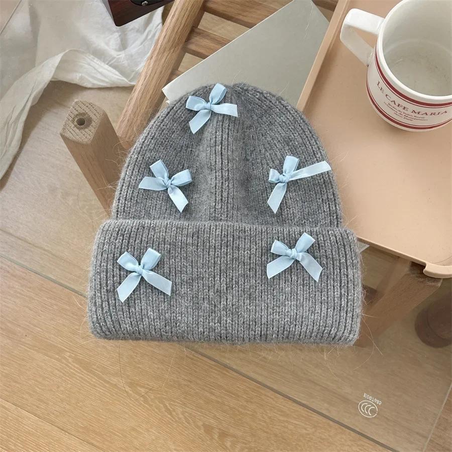 Ins New Sweet Bow Knitted Women's Hats Autumn and Winter Korean Version Fashion Warm Thickened Pullover Cute Beanies Caps
