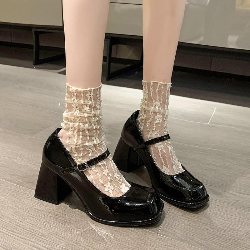 New Women's Shoes Mary Jane Shoes Black Small Leather Shoes Women's Thick Heels Square Head High Heels Women