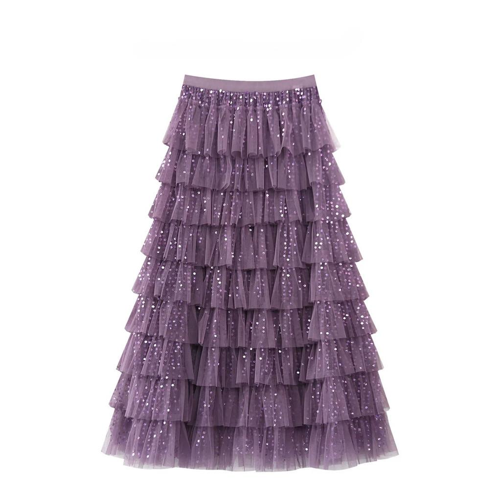 Qooth Sequin Tiered Cake Maxi Skirt for Women Fluffy Tulle Layered Full Flare Half Skirt with Sparkly Finish QT3003