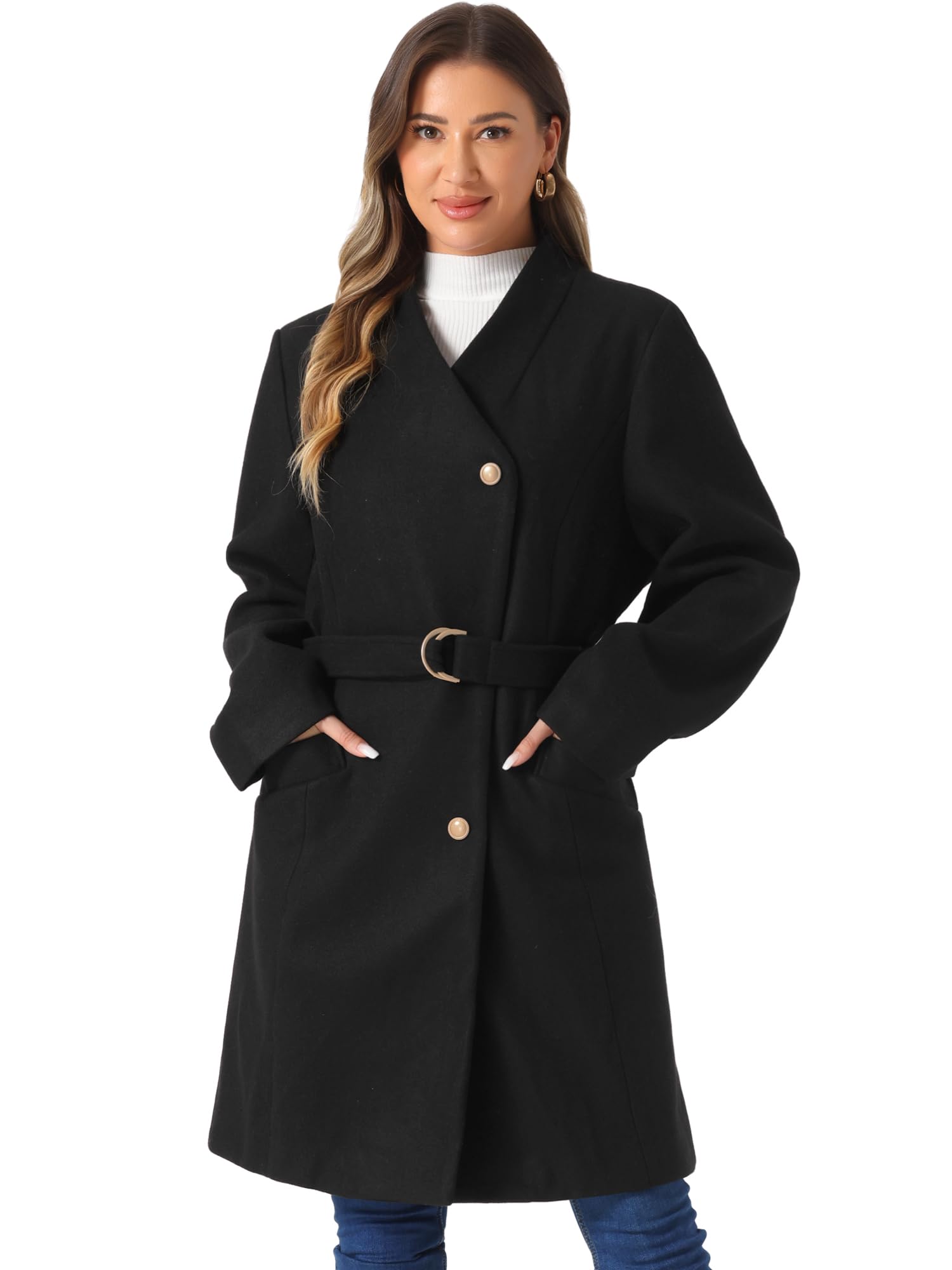 

Allegra K Women s Button-Down Coat, Stand Collar, Long Sleeves, Belted, Winter Classic Long Coat, Black, Size M
