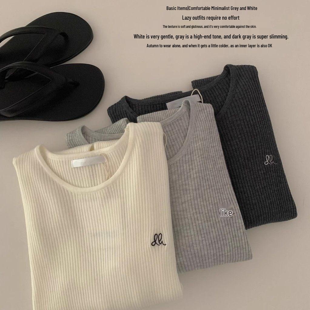 

Топ с длинным рукавом в корейском стиле 2025 года, вышитый, в рубчик, с круглым вырезом для женщин S (up to 95 jin) белый