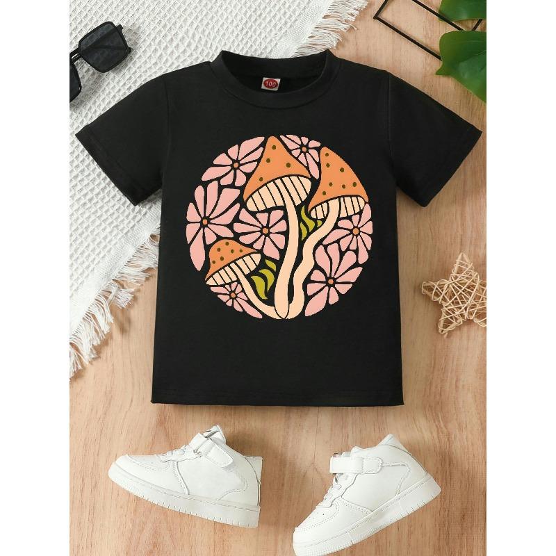 European sizes Adorable Mushroom And Flower Print | Stylish And Casual Crew Neck T-Shirt For Girls, Perfect For Summer And Holiday Gifts