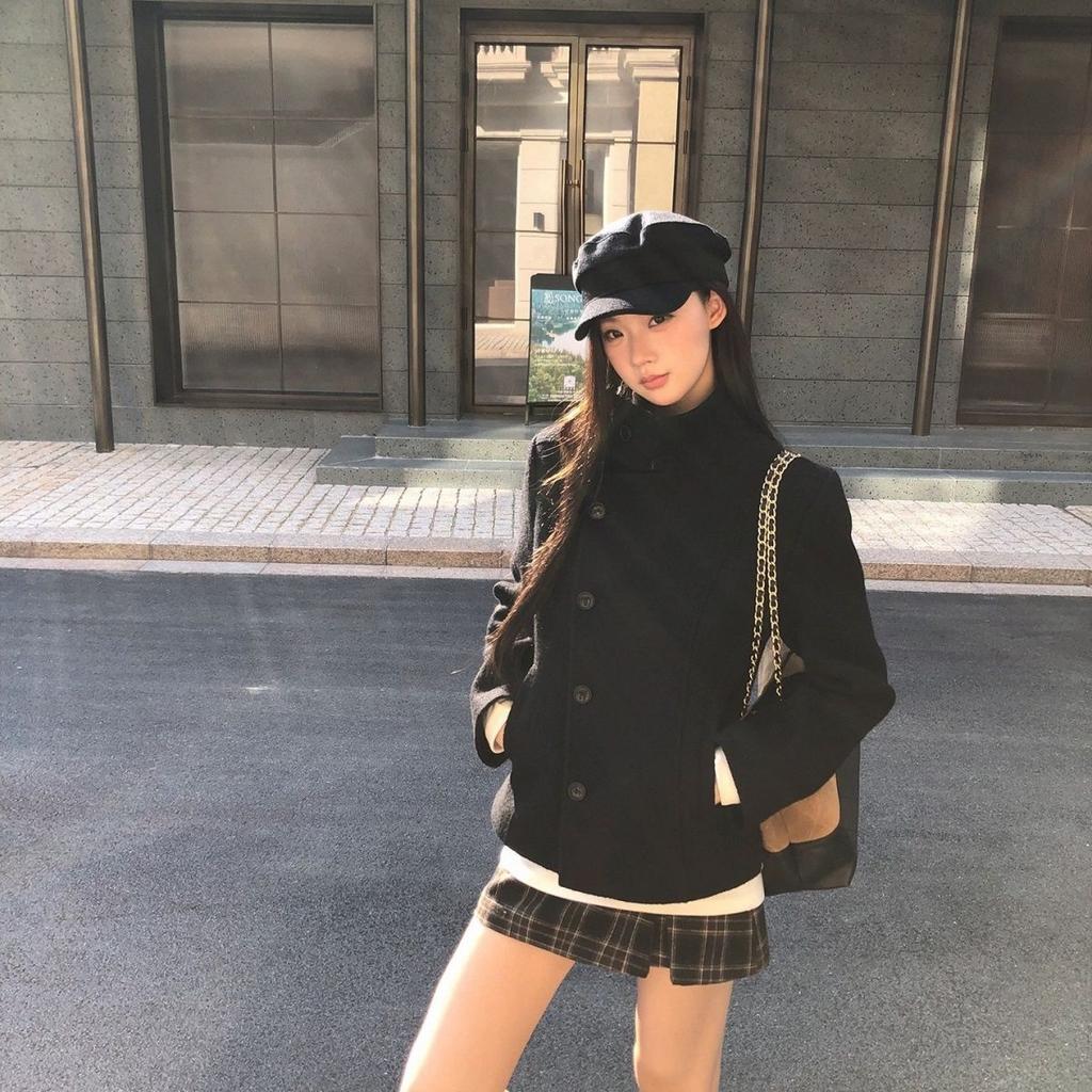 Women Short Stand-collar Woolen Coat Korean Style Quilted Padded Thick Single-breasted Black Winter Warm Outerwear Jacket