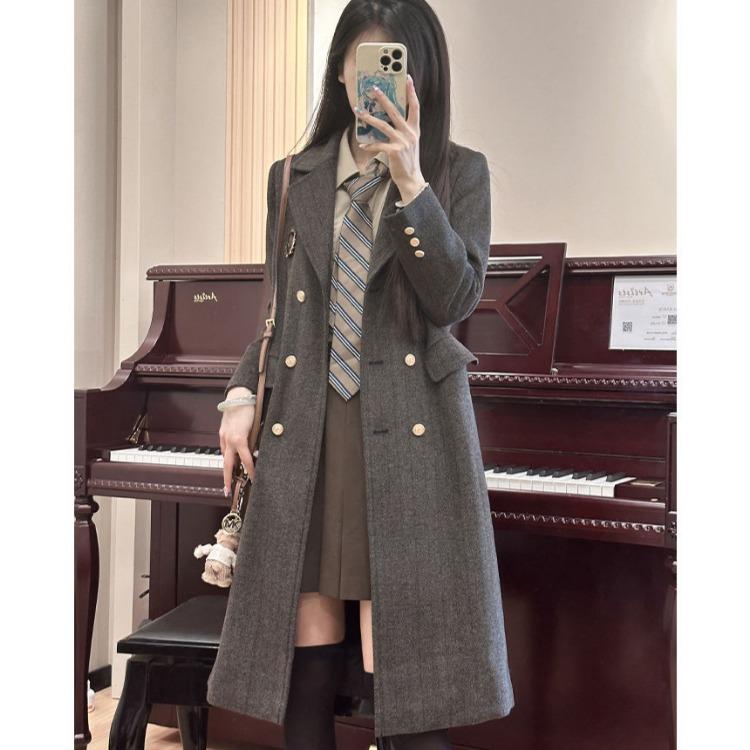 

Высококачественное серое длинное пальто для женщин, винтажная двубортная верхняя одежда с длинным рукавом L