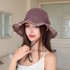 Women Floral Crochet Bucket Hat Ruffle Wide Brim Sun Hat with Chin Strap Breathable Hollow Knit Fisherman Cap for Outdoor Travel Sun Protection