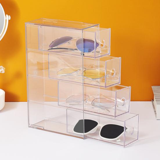 

Ящик для хранения солнцезащитных очков, выдвижные ящики, четырехслойный штабелируемый пыленепроницаемый прозрачный настольный дисплей для очков, контейнер для канцелярских принадлежностей