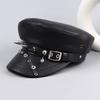 Black Newsboy Cap Pu Leather Flat Top Caps Casual Captain Caps  Fashion Accessories