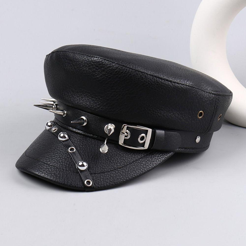 Black Newsboy Cap Pu Leather Flat Top Caps Casual Captain Caps Fashion Accessories