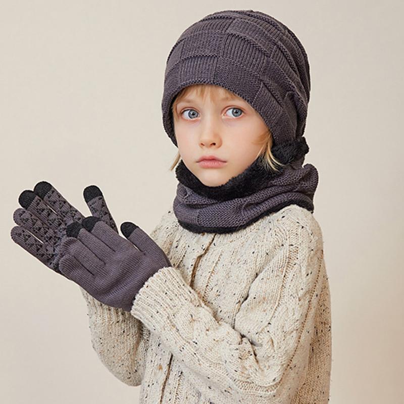 3Pcs Kids Winter Hat Scarf Gloves Set Plush Lining Children Beanie Neck Warmer Non-slip Gloves Kids Cap Set for Girls Boys