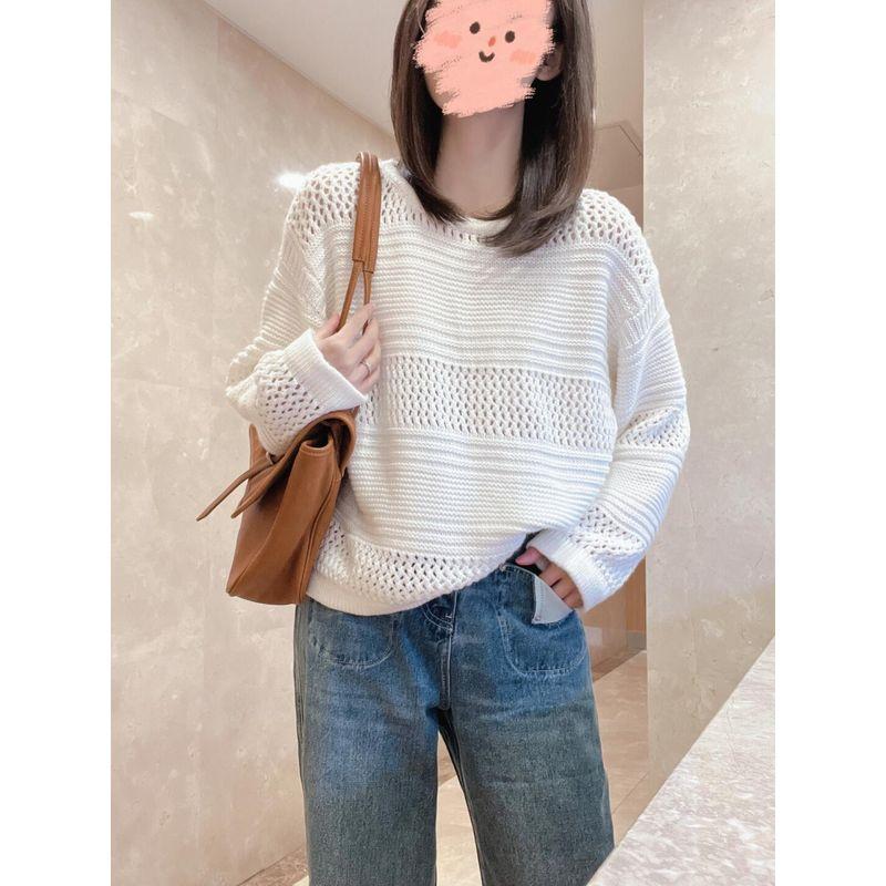 

Early Autumn Idle Style White Knitted Fabric Fancy Blouse Beige White S