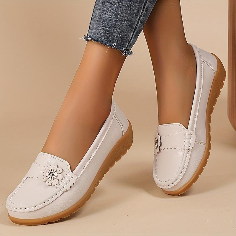 Women's Flower Decor Flat Loafers, Casual Solid Color Slip On Shoes, Lightweight & Comfortable Shoes