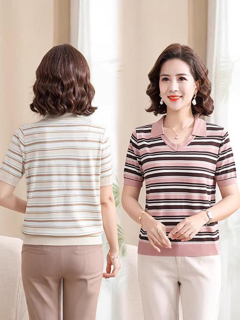 Stylish Striped Ice Silk Short Sleeve T-shirt for Middle-Aged Women